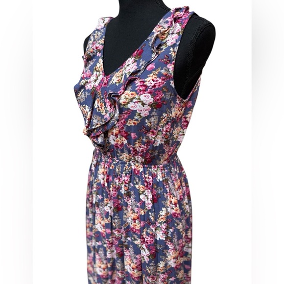 DOE & RAE BLUE/PINK FLORAL SLEEVELESS RUFFLE V-NECK CRUISE WEAR MAXI DRESS SZ S - Picture 8 of 9